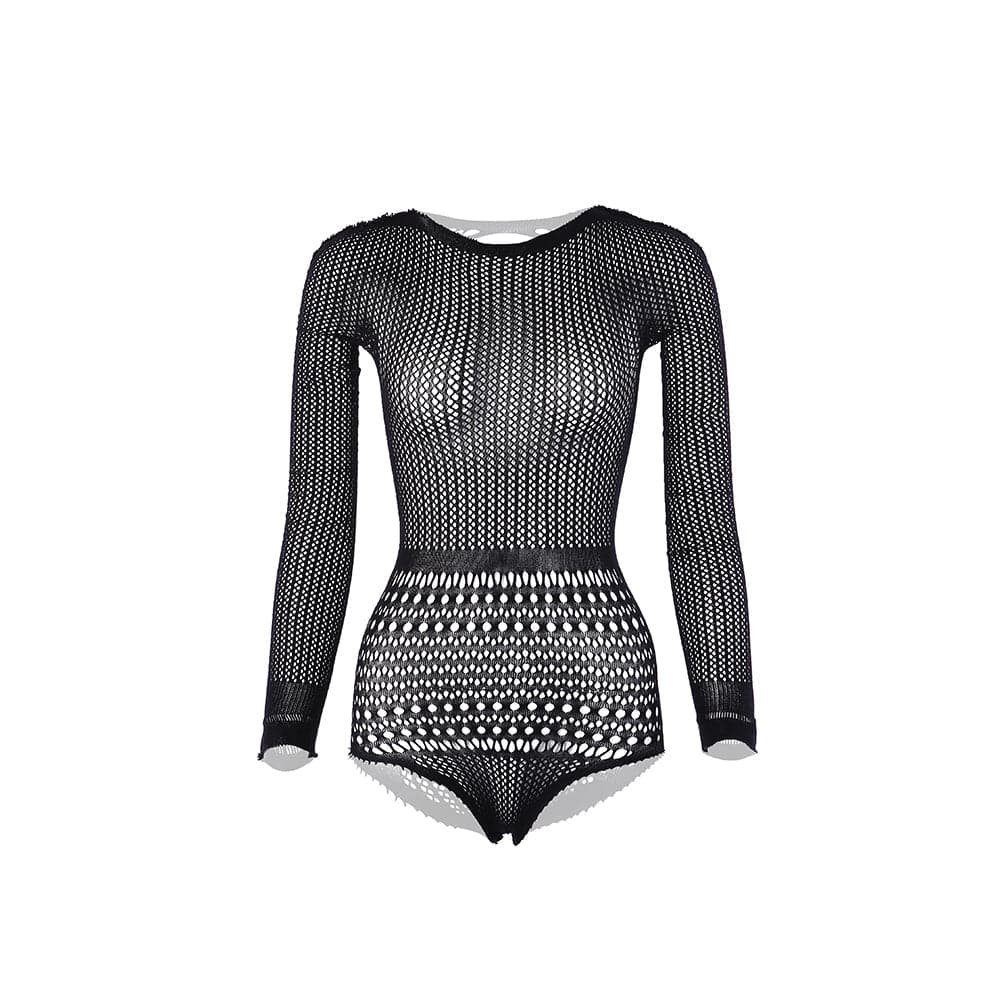 Long sleeve backless crewneck net bodysuit  | Festival Outfits Women