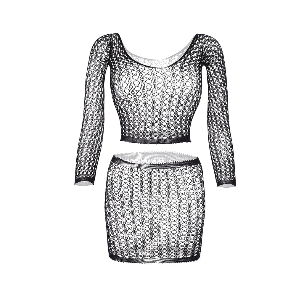 Long sleeve u neck net backless mini skirt set  | Festival Outfits Women