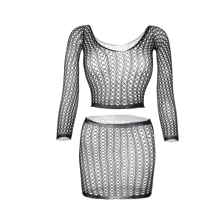 Long sleeve u neck net backless mini skirt set  | Festival Outfits Women