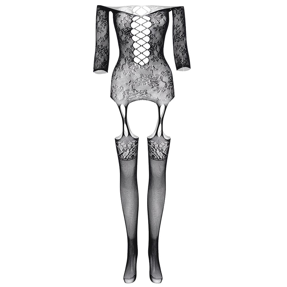 Long sleeve off shoulder lace fishnet strappy bodystocking  | Festival Outfits Women