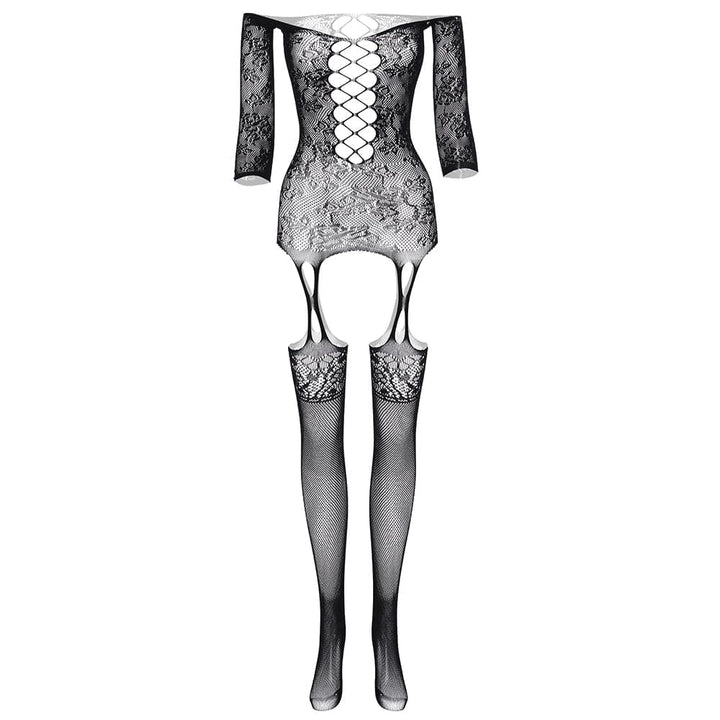 Long sleeve off shoulder lace fishnet strappy bodystocking  | Festival Outfits Women