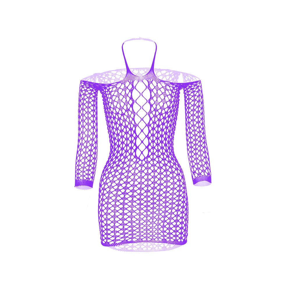 Long sleeve halter net solid mini dress  | Festival Outfits Women