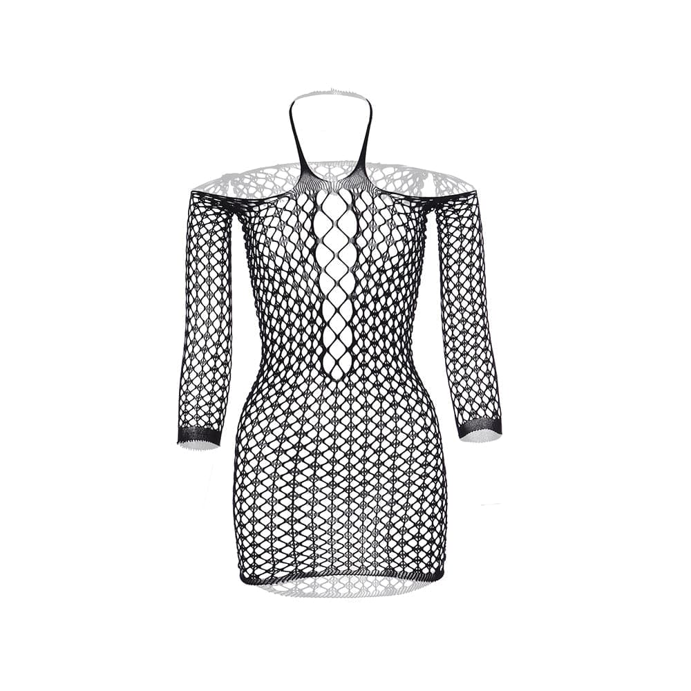 Long sleeve halter net solid mini dress  | Festival Outfits Women