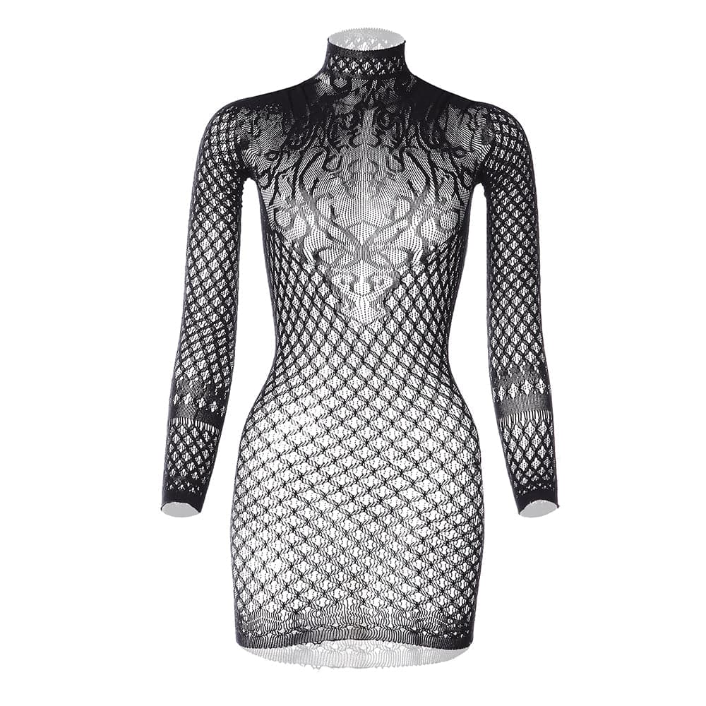 Long sleeve high neck net backless mini dress  | Festival Outfits Women