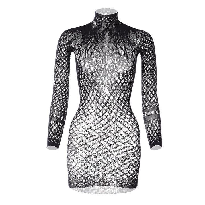 Long sleeve high neck net backless mini dress  | Festival Outfits Women