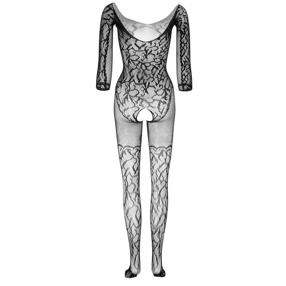 Long sleeve off shoulder fishnet pattern bodystocking  | Festival Outfits Women