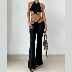Halter hollow out solid backless pant set  | Festival Outfits Women