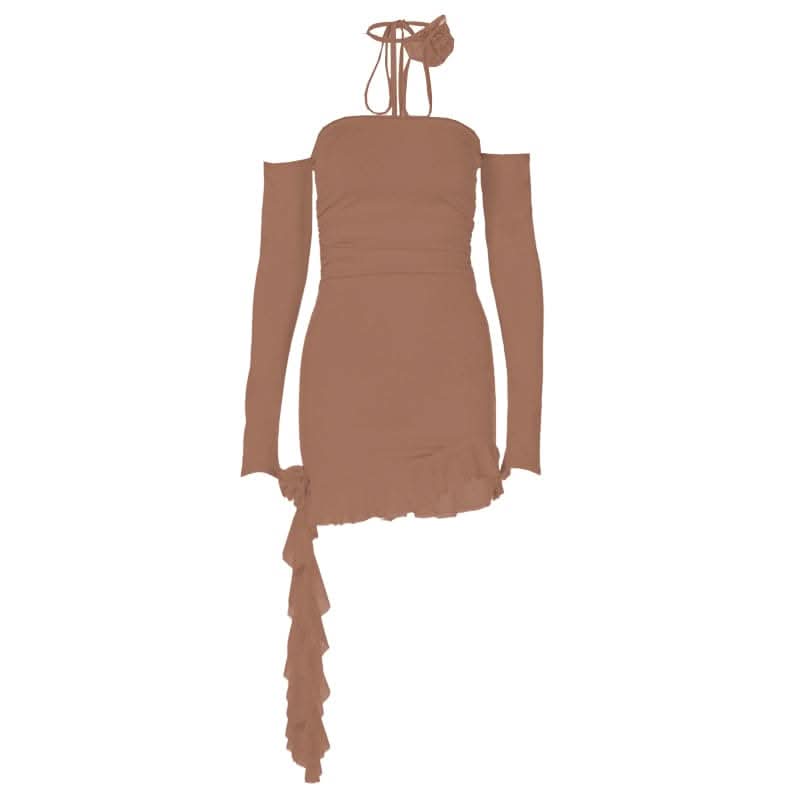 Long sleeve off shoulder flower applique ruffle ruched mini dress-final-sale  | Festival Outfits Women