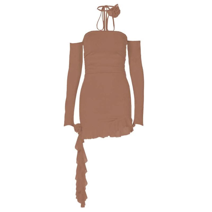 Long sleeve off shoulder flower applique ruffle ruched mini dress-final-sale  | Festival Outfits Women