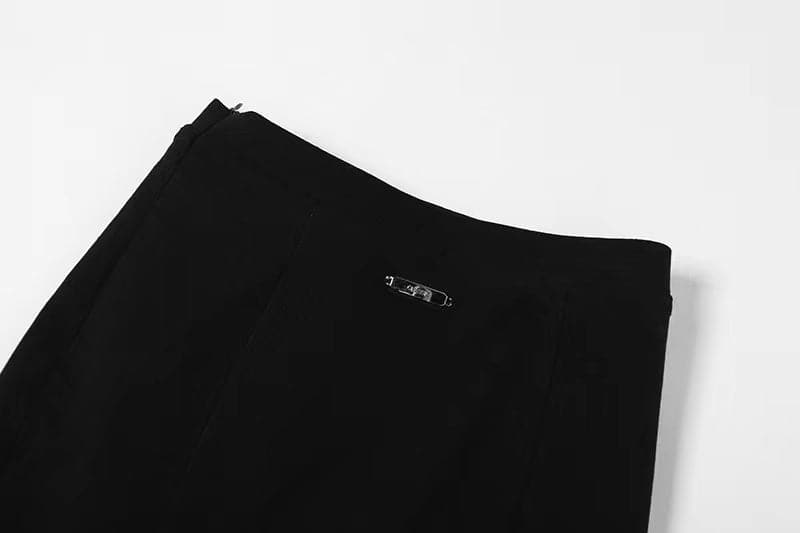 Lace up solid slit metal tag zip-up fishtail skirt-final-sale