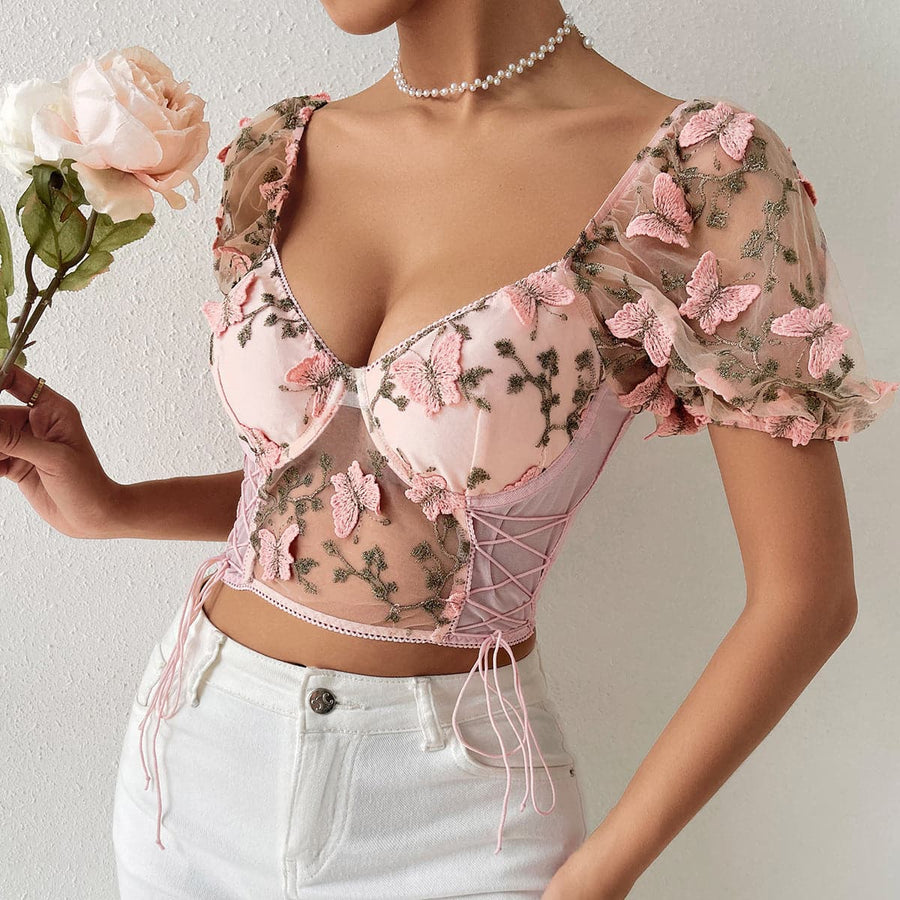 Butterfly embroidery drawstring mesh lace up bustier crop top