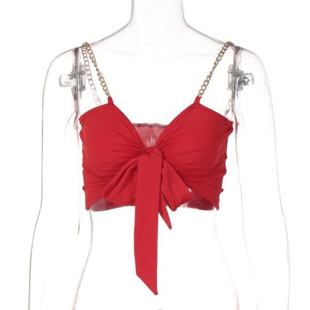 Metal chain knotted ruched solid crop top - Halibuy