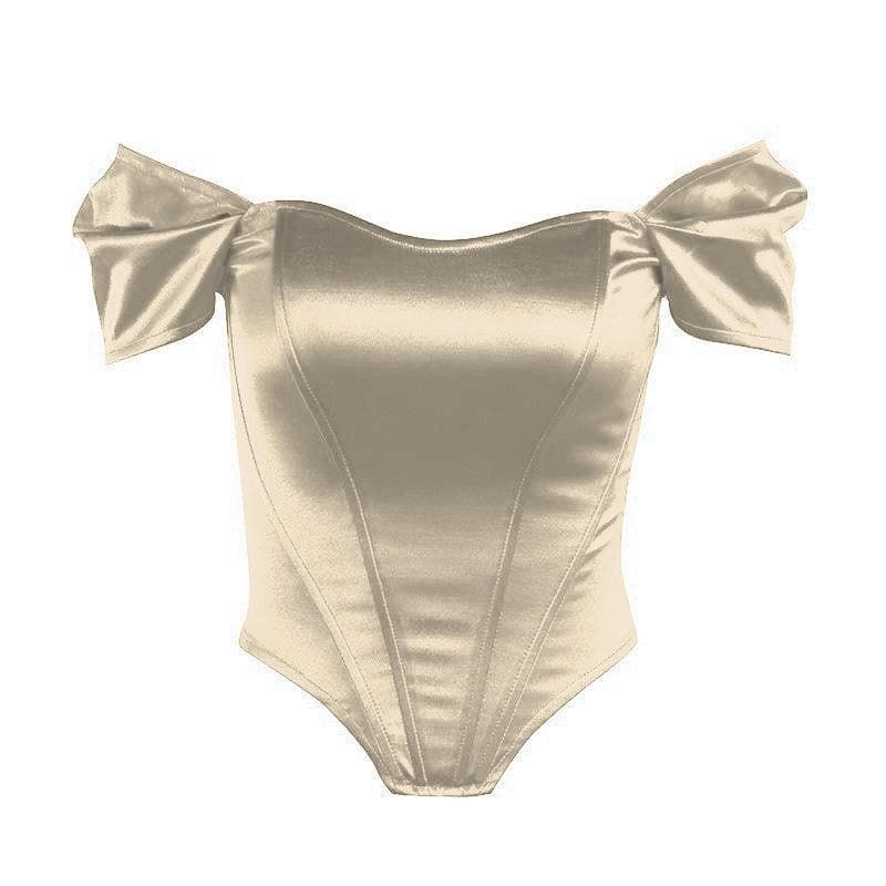 Puff short sleeve low-cut satin corset top - Halibuy