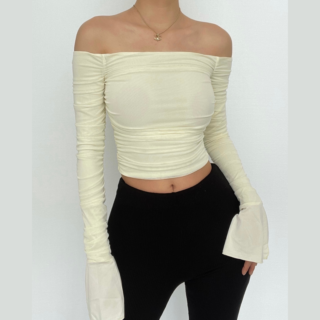 Double layered mesh off shoulder ruched long sleeve solid crop top | Mesh Long Sleeve Crop Top