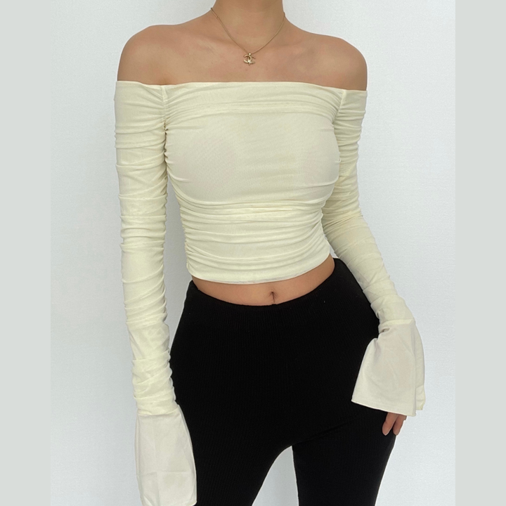 Double layered mesh off shoulder ruched long sleeve solid crop top | Mesh Long Sleeve Crop Top