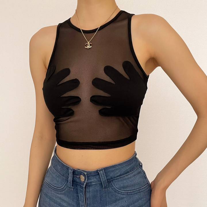 Sheer mesh see through palm embroidered crewneck crop top