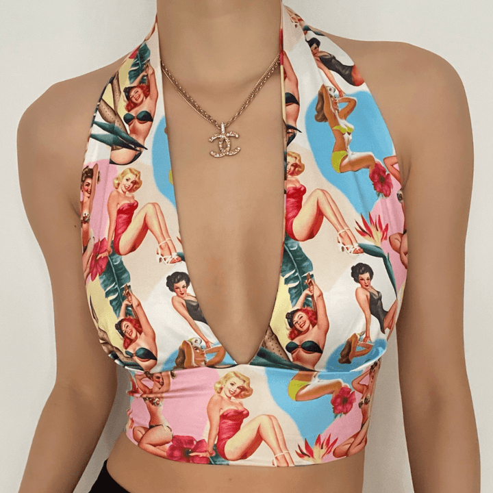 Backless bowknot halter printed top - Halibuy