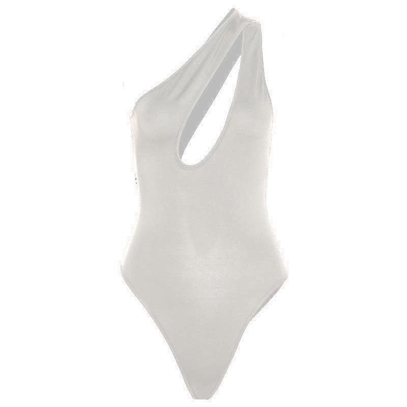 Solid One shoulder Hollow Out Bodysuit - Halibuy
