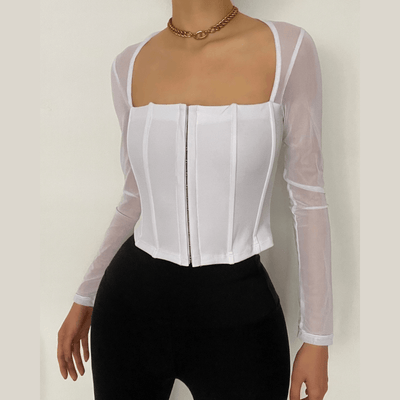 Square neck buttoned mesh long sleeve crop top - Halibuy