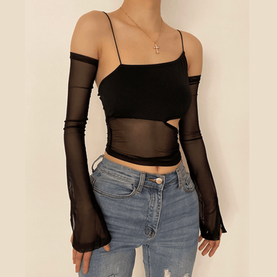 Hollow out one shoulder asymmetrical mesh long sleeve top - Halibuy