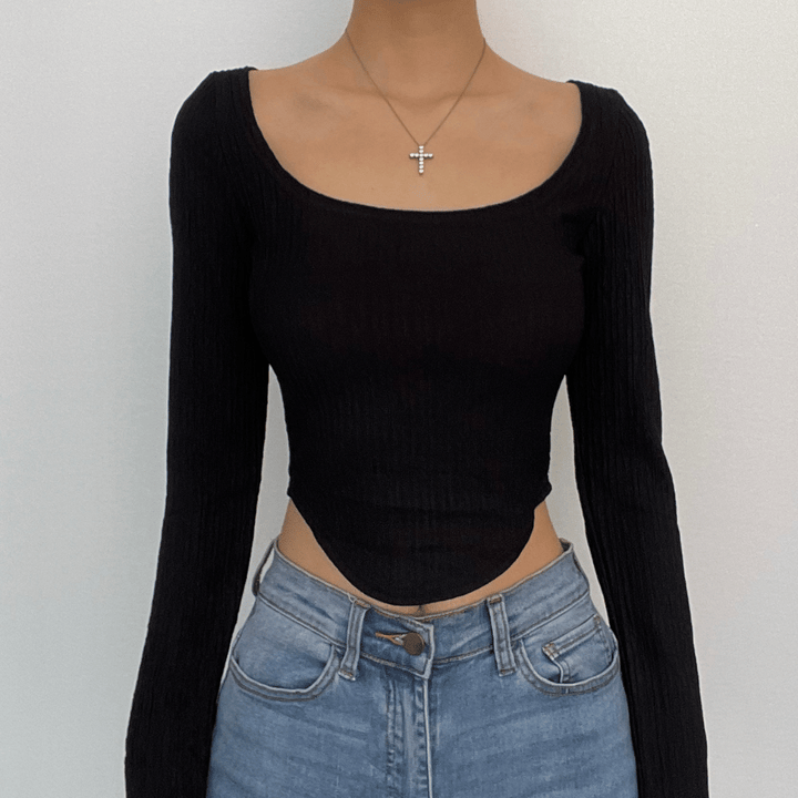 Long sleeve textured solid square neck crop top