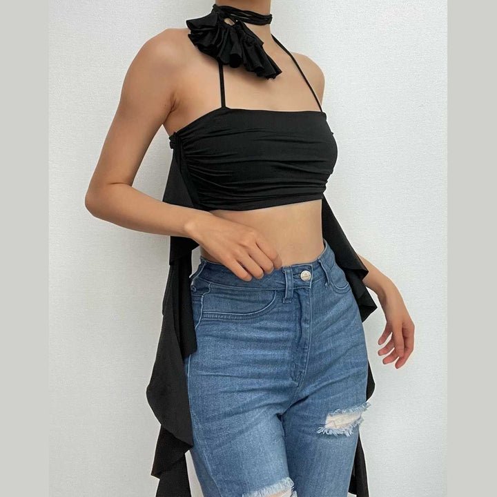 Solid halter flower applique ribbon ruched backless crop top