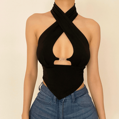 Hollow out halter open back  solid top - Halibuy