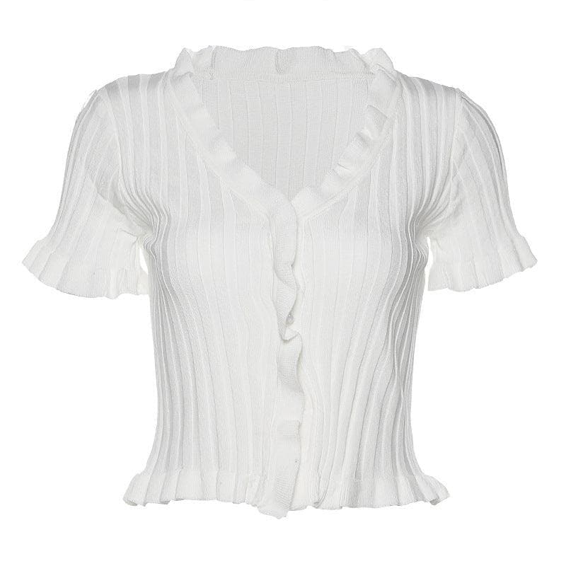 Short sleeve ribbed ruffled buttoned crop top - Halibuy