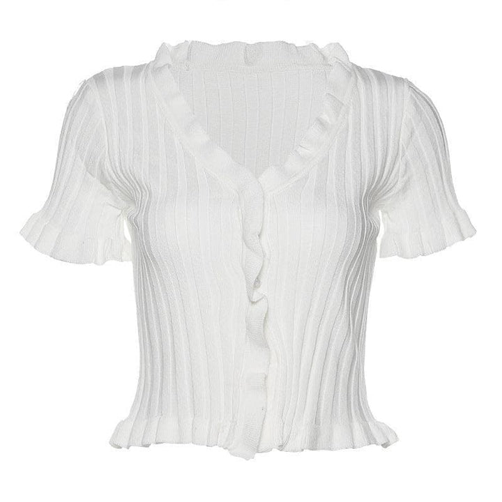 Short sleeve ribbed ruffled buttoned crop top - Halibuy