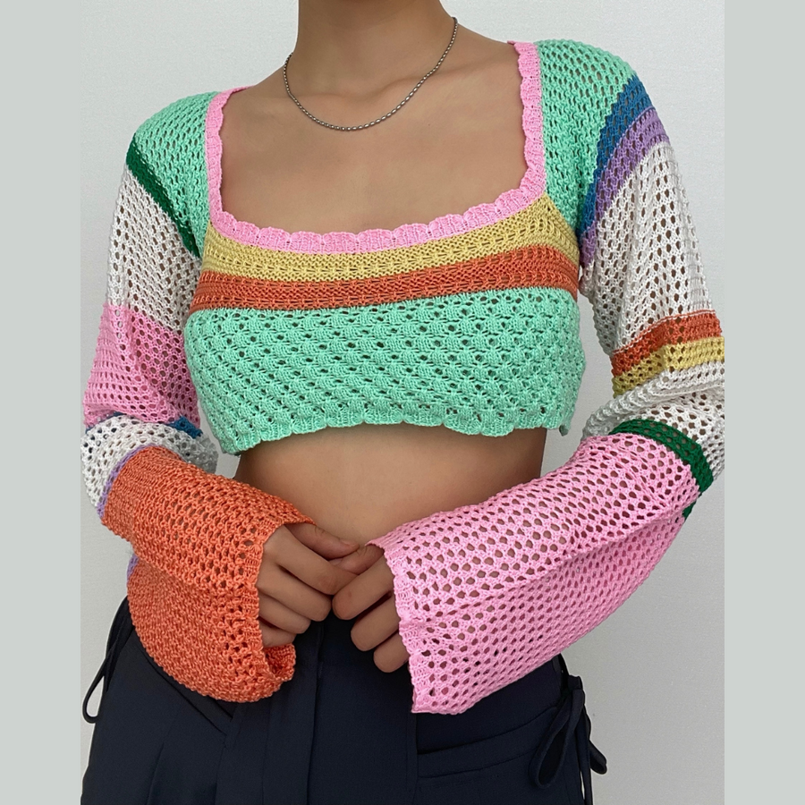 Crochet knit long sleeve contrast square neck crop top
