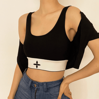 Hollow out buttoned short sleeve 2 piece crop top - Halibuy