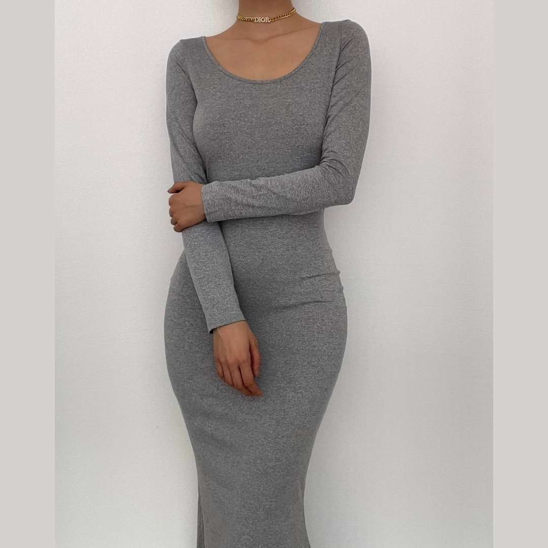 Solid long sleeve round neck mermaid hem maxi dress – Halibuy