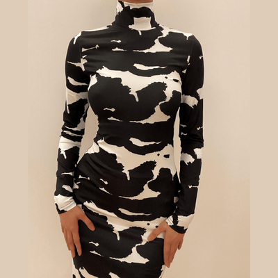 Long sleeve high neck print midi dress - Halibuy