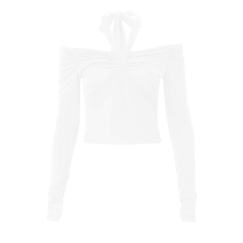 Long sleeve off shoulder halter ruched backless solid hollow out cut out top  | Festival Outfits Women