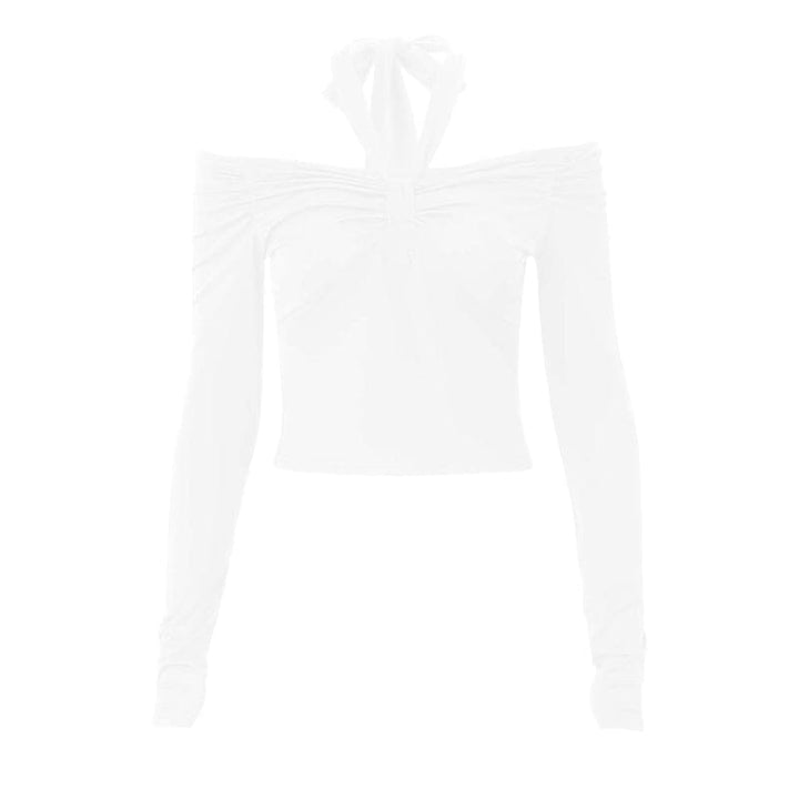 Long sleeve off shoulder halter ruched backless solid hollow out cut out top  | Festival Outfits Women
