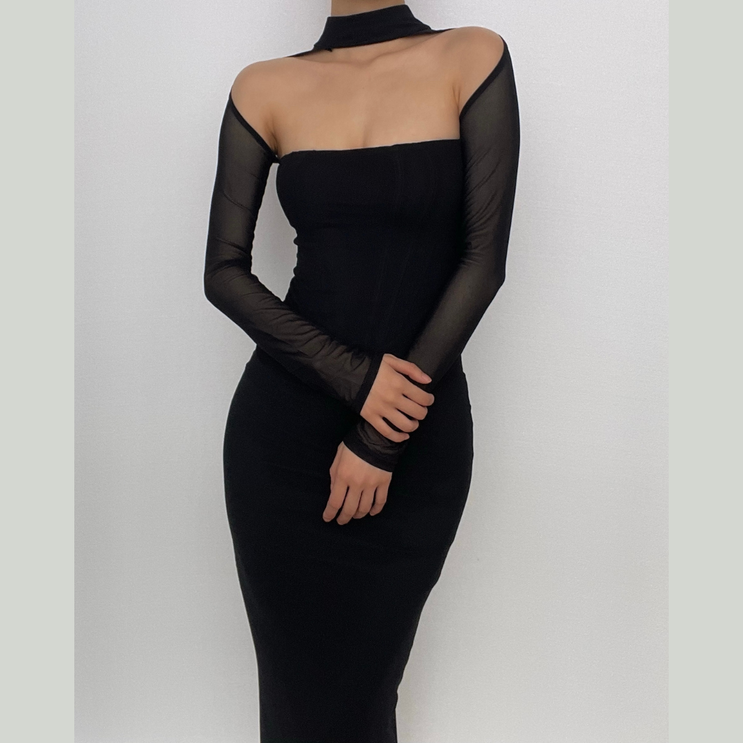Solid halter mesh long sleeve zip-up hollow out cut out midi dress ...
