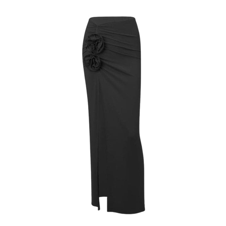 Ruched high slit flower applique irregular solid maxi skirt  | Festival Outfits Women