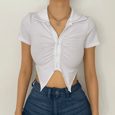 Turnover collar buttoned solid crop top - Halibuy