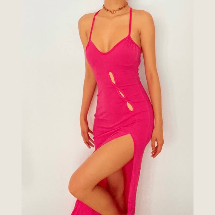 Cross open back hollow out slit ribbed maxi dress - Halibuy
