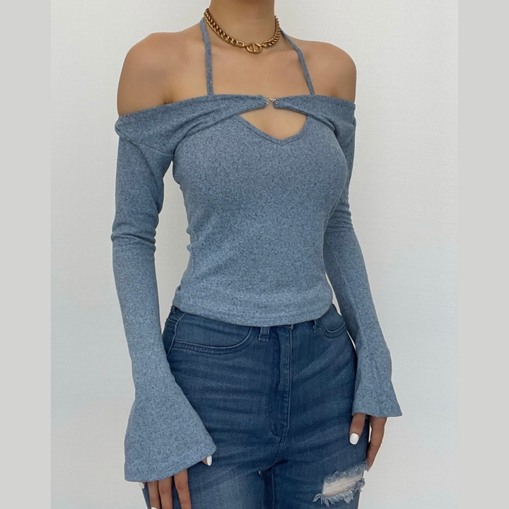 Long sleeve off shoulder knitted 2 piece top