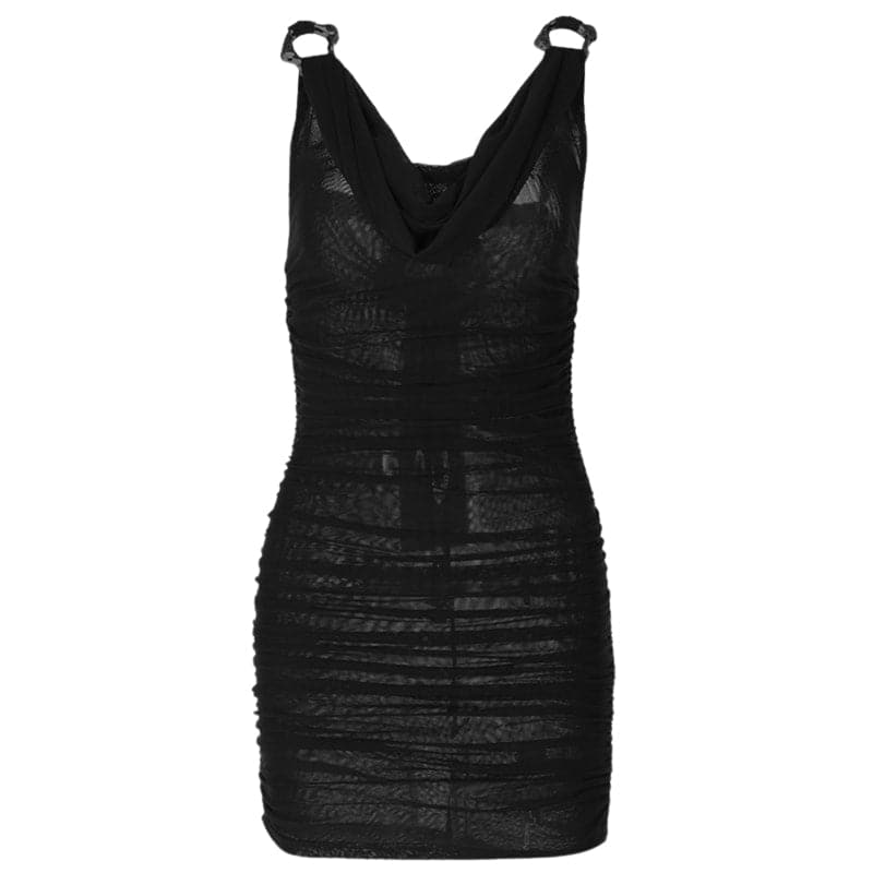 Cowl neck ruched o ring sheer mesh bowknot ribbon backless cami mini dress  | Festival Outfits Women