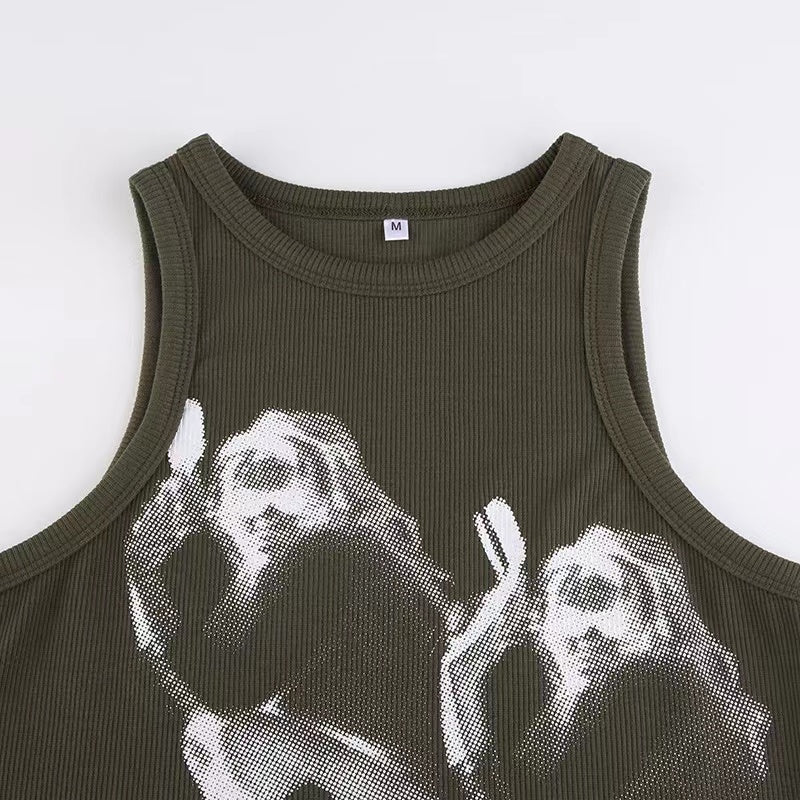 Sleeveless crewneck abstract contrast print crop top