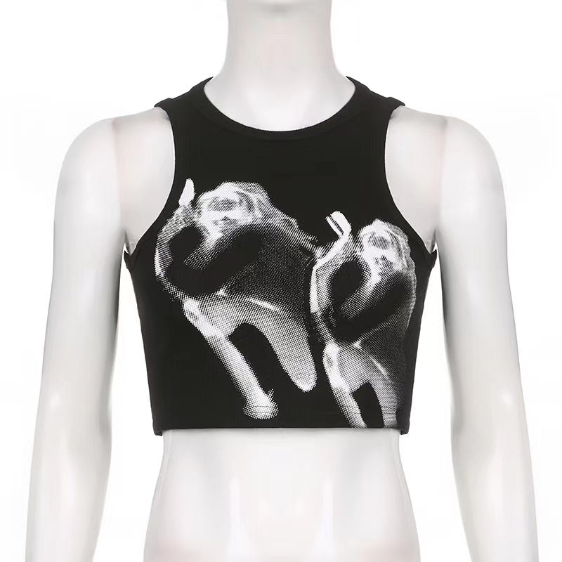 Sleeveless crewneck abstract contrast print crop top
