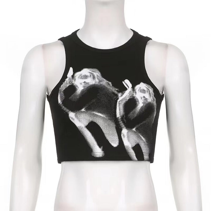 Sleeveless crewneck abstract contrast print crop top