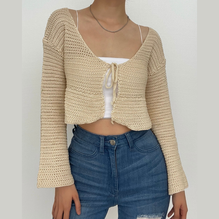 V neck self tie knit crochet long sleeve solid crop top