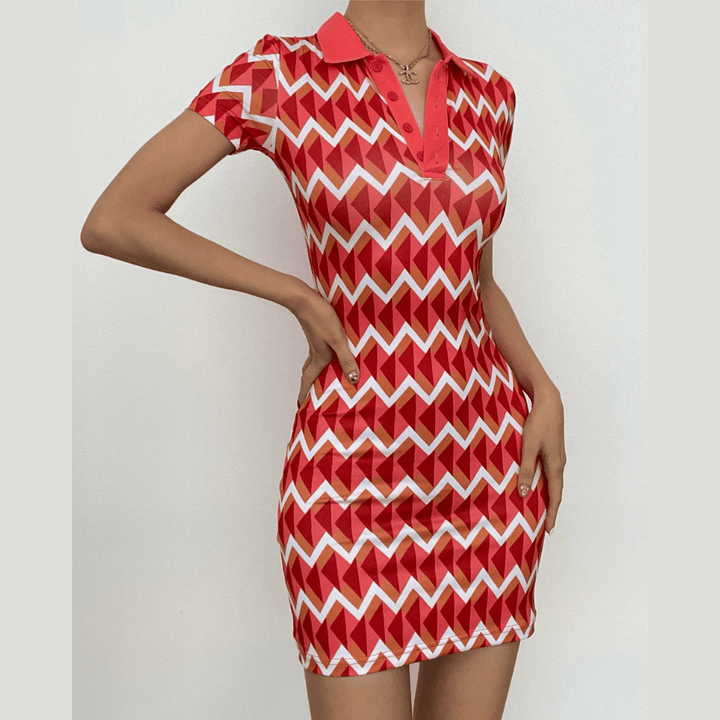 Short sleeve contrast turnover collar button mini dress