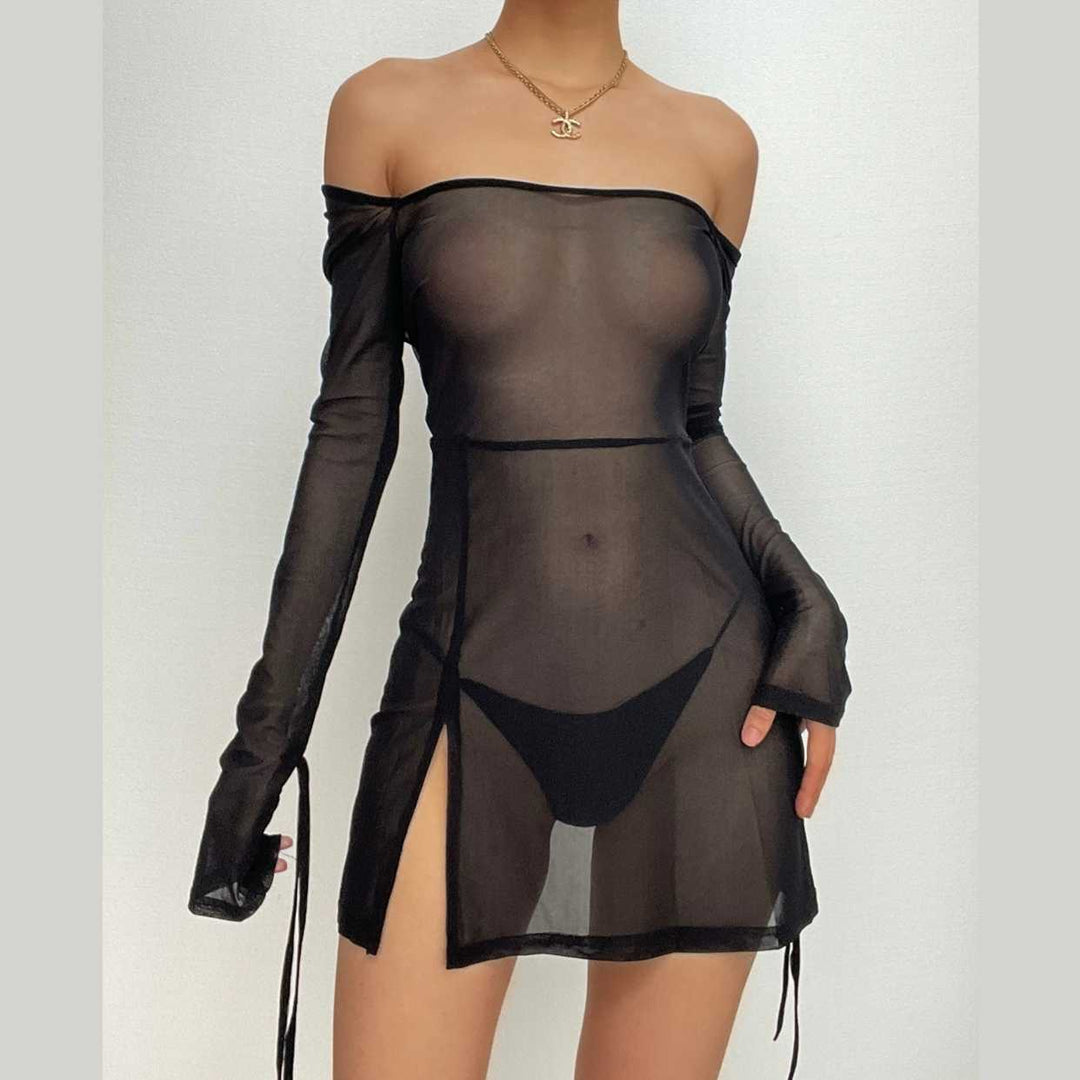 Sheer mesh see through square neck slit long sleeve mini dress-final-sale