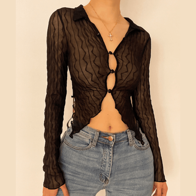 Ruffled mesh turnover collar buttoned crop top - Halibuy