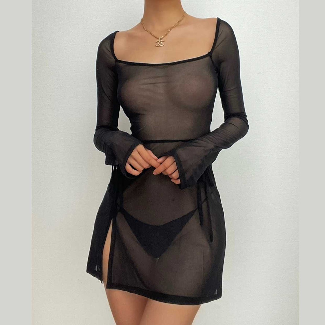 Sheer mesh see through square neck slit long sleeve mini dress-final-sale