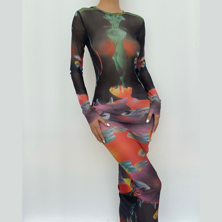 Long sleeve contrast abstract print round neck midi dress-final-sale